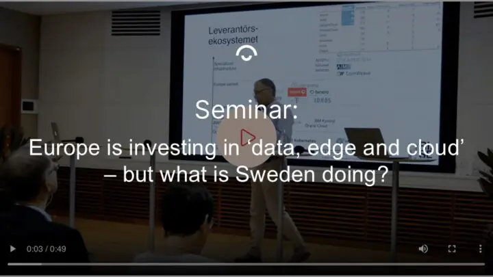 Article image: Screenshot from a film featuring a lecturer. Text: Europe is investing in 'data, edge and cloud' - but what is Sweden doing?