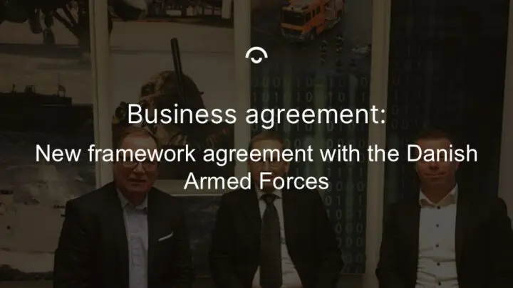 Article image: Three men in suits in front of a wall covered with military photos. Text: New framework agreement with the Danish Armed Forces