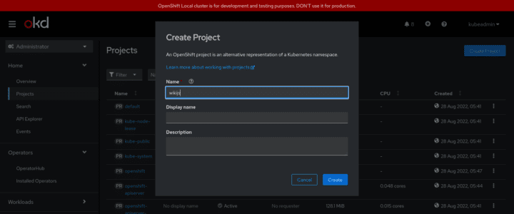 How to create a project in wiki.js in OpenShift