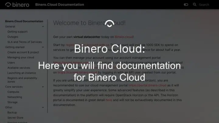 Article image: Screenshot from Binero Cloud's website. Text: Here you will find documentation for Binero Cloud