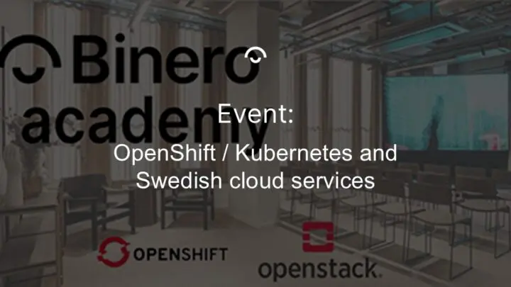 Article image: Lecture hall and company logos. Text: OpenShift/Kubernetes and Swedish cloud services