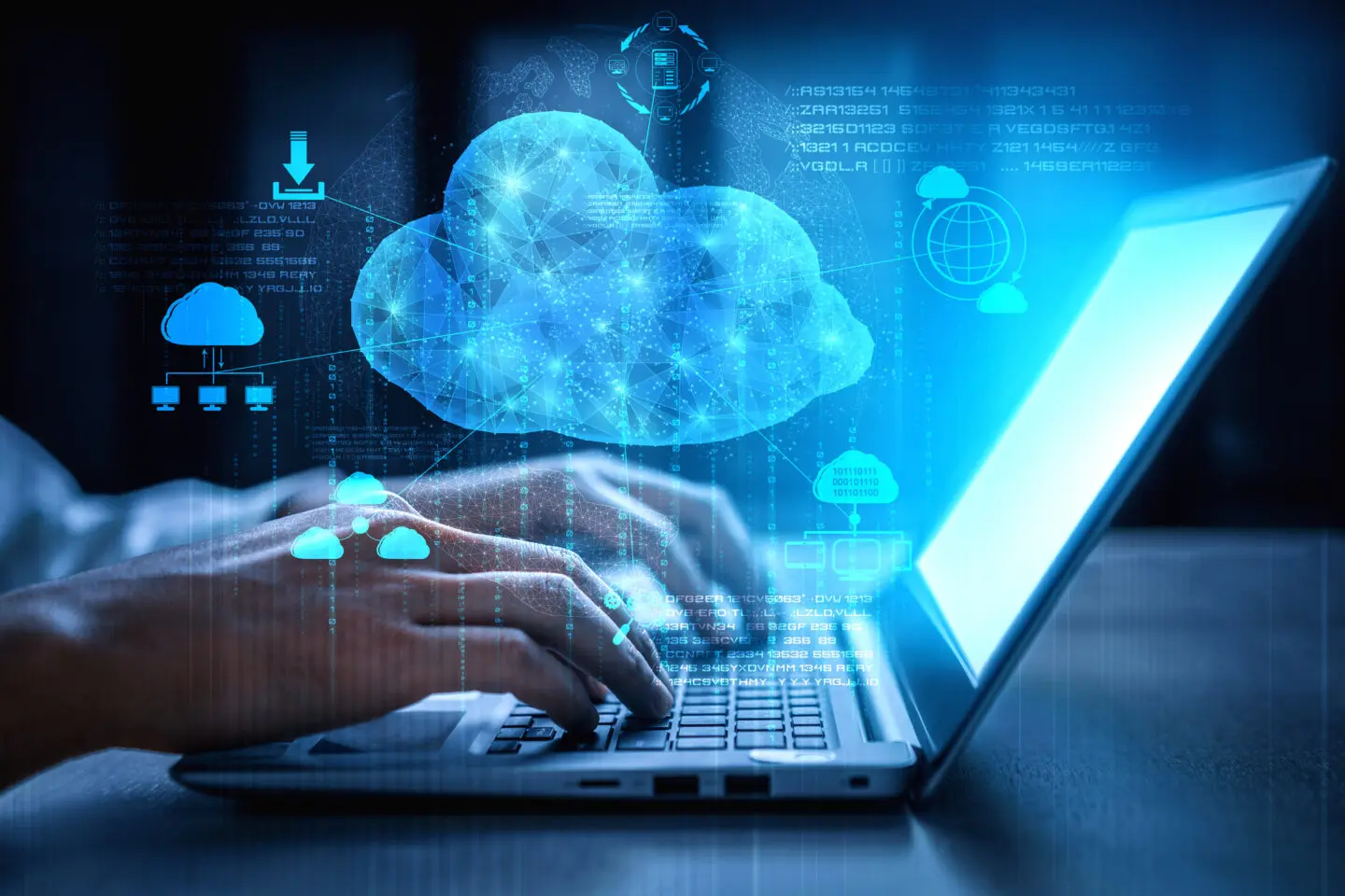 Image in blue colour tones with laptop and cloud strategy illustrations. Bild i blå färgtoner med laptop och molnstrategi-illustrationer.