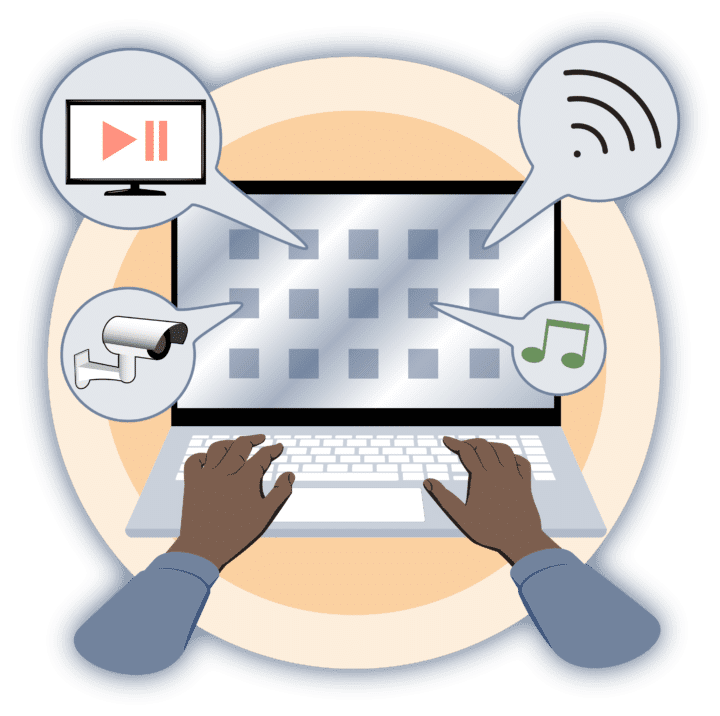 Illustration av händer som styr TV, musik, övervakning och WiFi från en laptop. Illustration of hands controlling TV, music, monitoring and WiFi from a laptop.