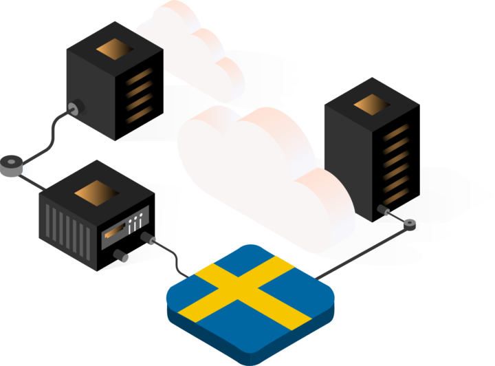 Illustration med moln, servrar och svensk flagga. 