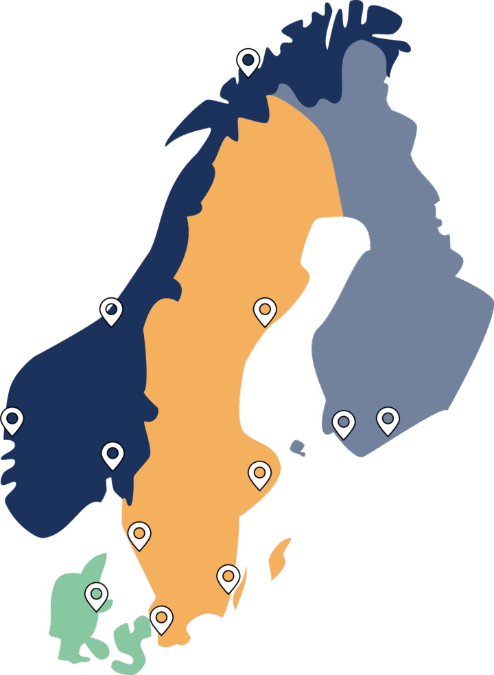 Map of Sweden, Norway, Denmark and Finland with pins marking Binero's offices.