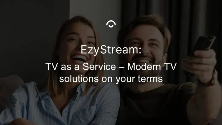 Article image: A happy couple pointing a remote control. Text: TV as a Service - Modern TV solutions on your terms