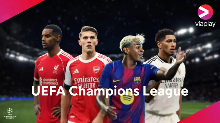 Photo montage of four football players and the Viaplay logo. Text: UEFA Champions League