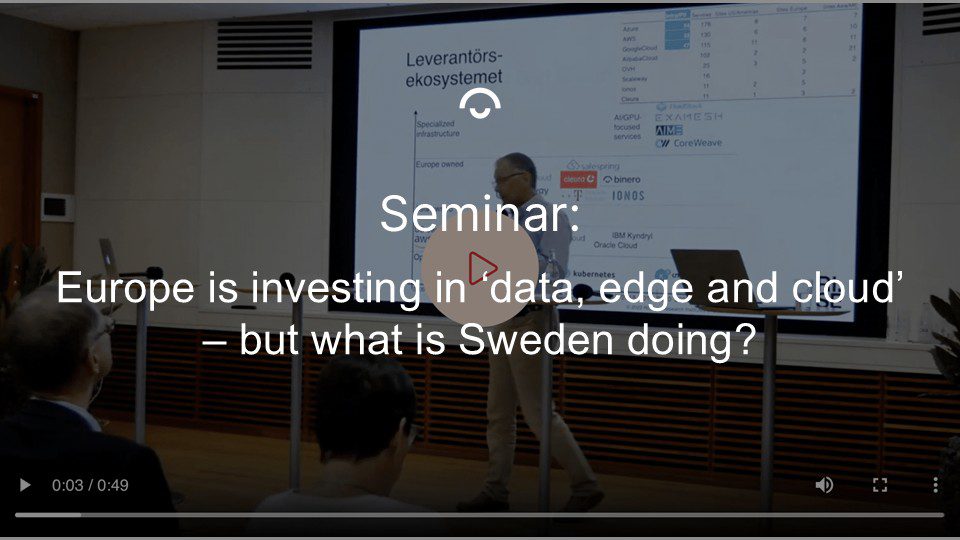 Artikkelbilde: Skjermbilde fra en film med en foreleser. Tekst: Europa investerer i «data, edge og sky» – men hva gjør Sverige?