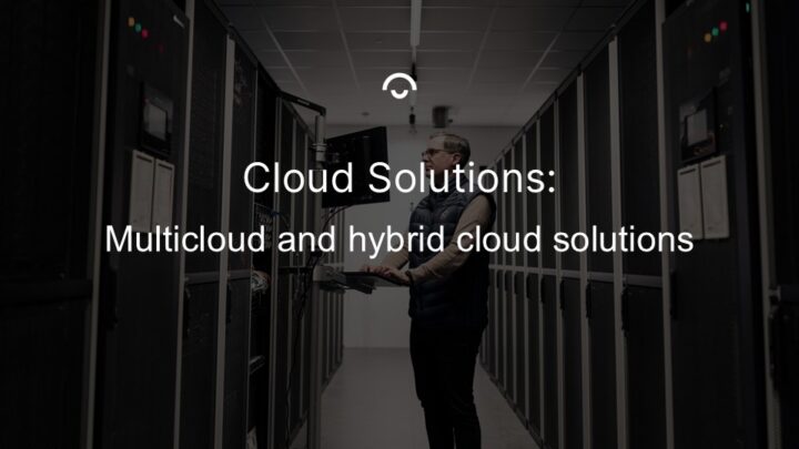 Article image: Technicians working at a computer in Binero's server hall. Text: Multicloud and hybrid cloud solutions