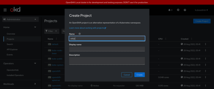 How to create a project in wiki.js in OpenShift