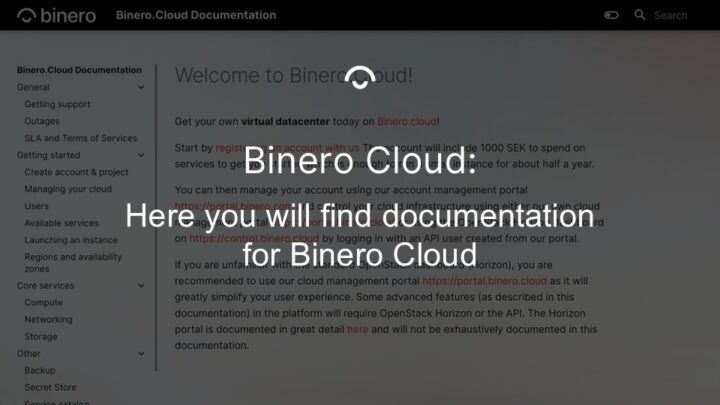 Article image: Screenshot from Binero Cloud's website. Text: Here you will find documentation for Binero Cloud