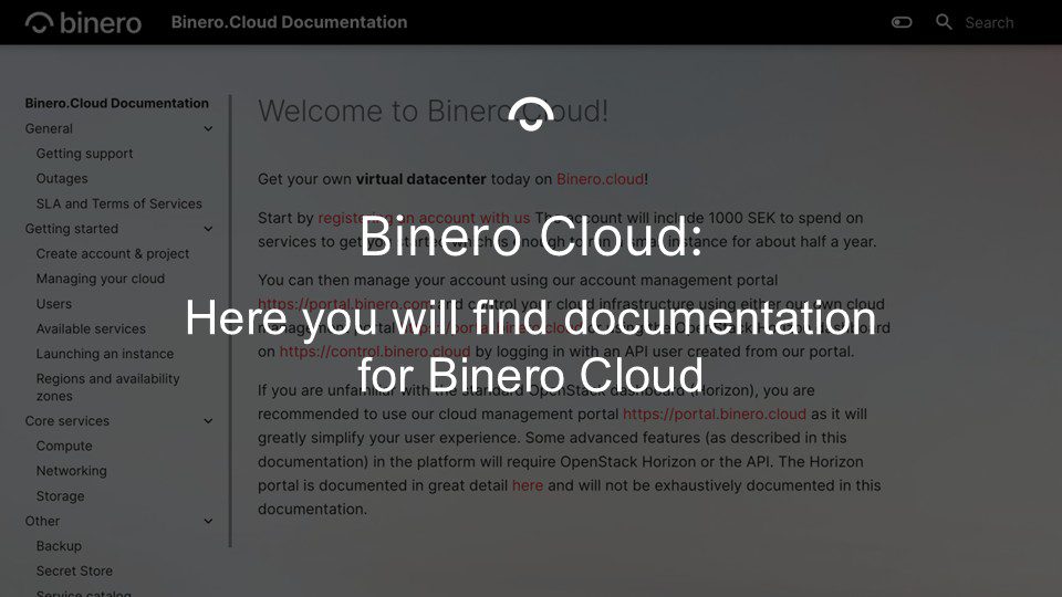 Article image: Screenshot from Binero Cloud's website. Text: Here you will find documentation for Binero Cloud