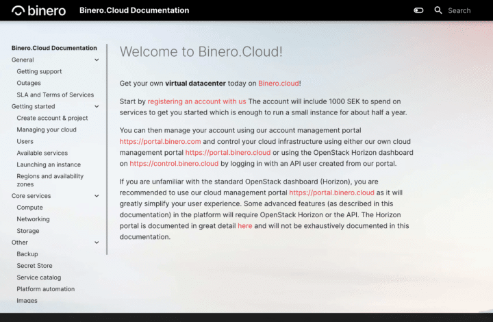 dokumentation för Binero cloud. Svensk public cloud byggt på OpenStack