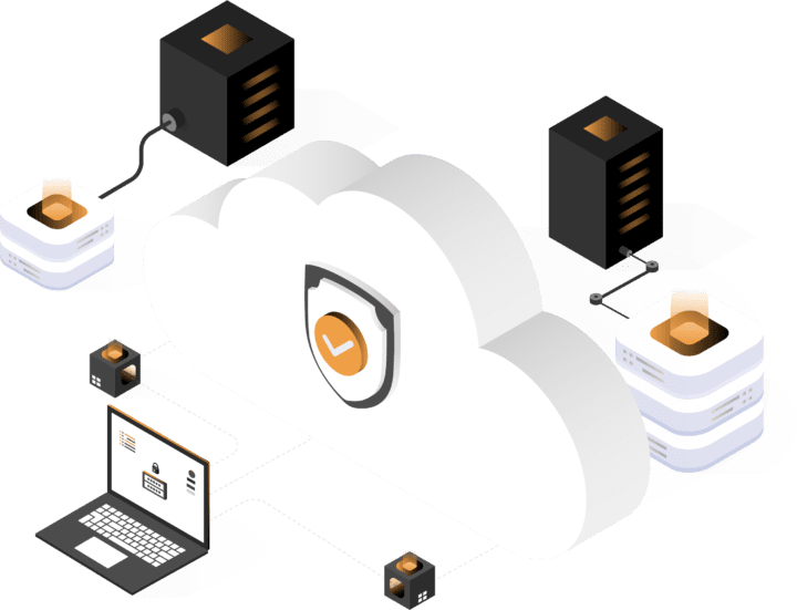 Illustration af en cloud, computerservere og en bærbar computer.