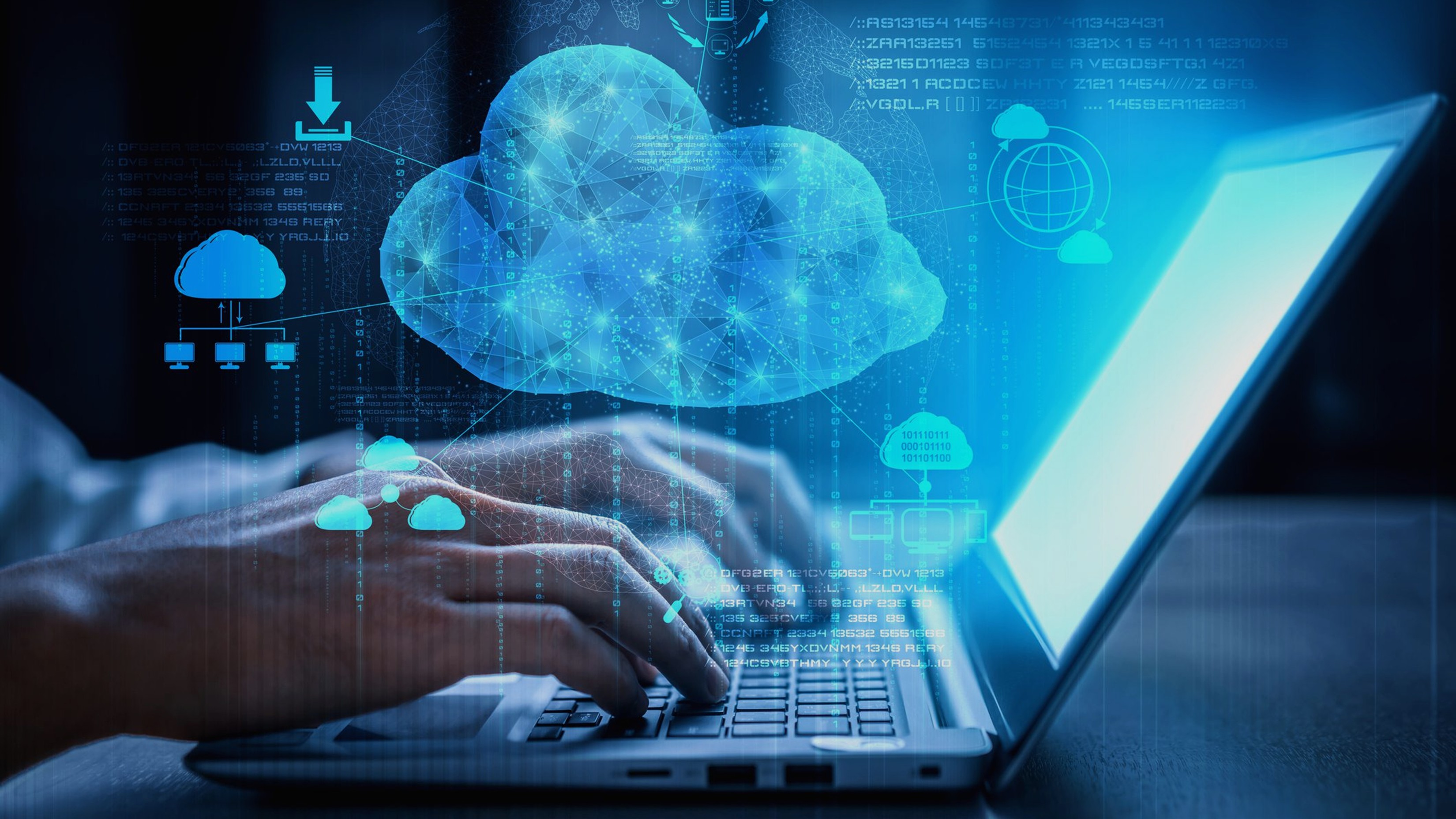 Hands typing on a laptop with blue digital overlays depicting cloud computing, data networks and global connectivity.
