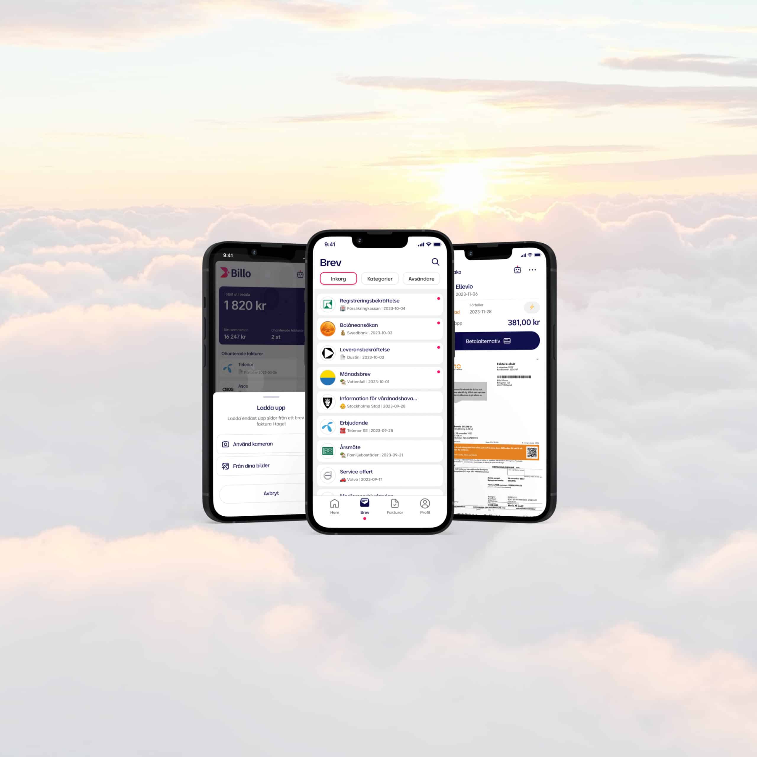 Tre mobilskjermer med forskjellige appgrensesnitt vises over skyer med solnedgang i bakgrunnen.