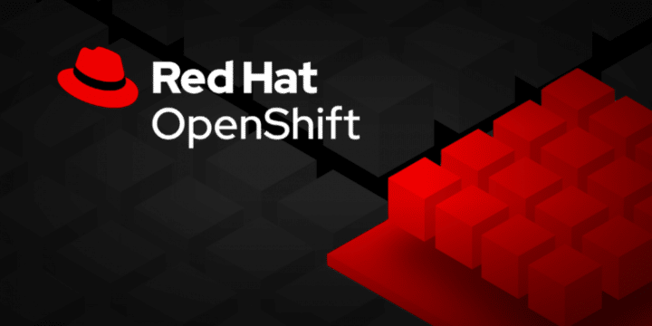 Text on image with red hat and red and black cubes. ‘RedHat OpenShift’.