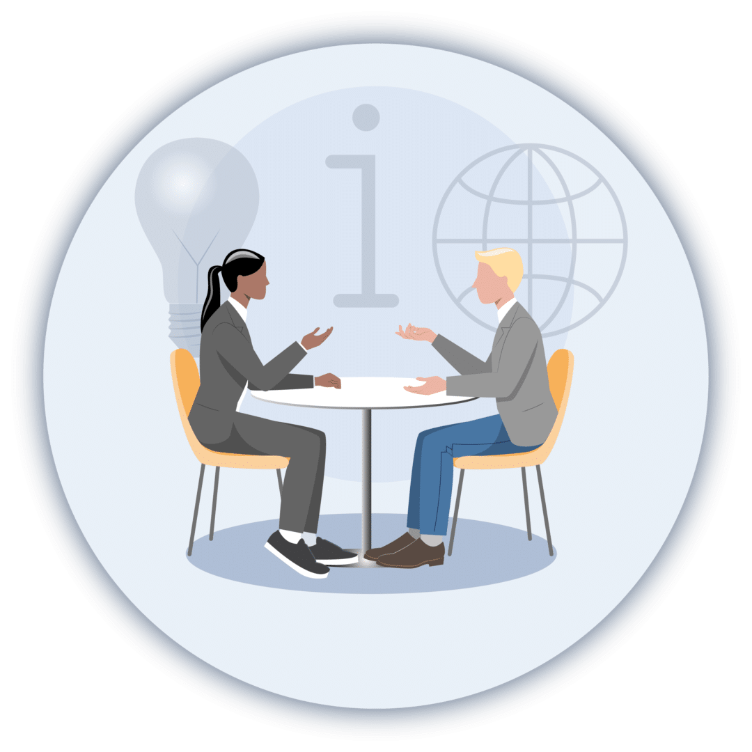 Illustration of client meeting with consultant. Illustration av kund i möte med konsult.