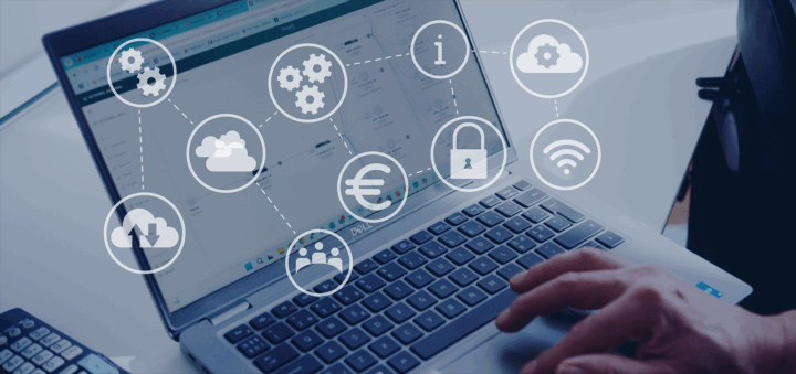 Photo of hands on keyboard. Business illustrations and icons over the photo