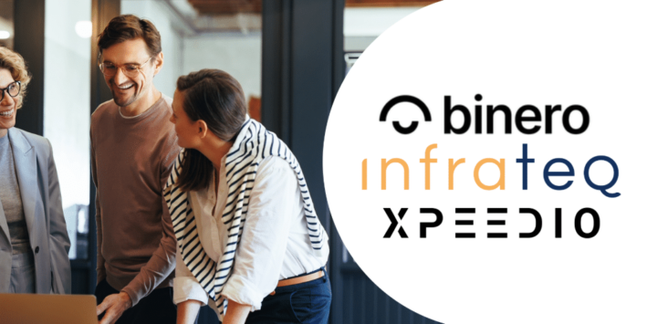 To the left: Business people speaking. To the right: Logos for Binero, Infrateq and Expeedio.