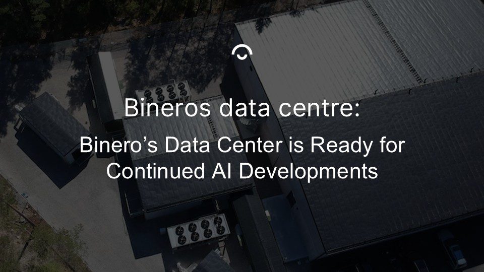 Article image: Bineros server hall from above. Text: Bineros data center is ready for continued AI developments