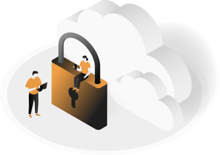 Illustration of clouds, a padlock and working people.
