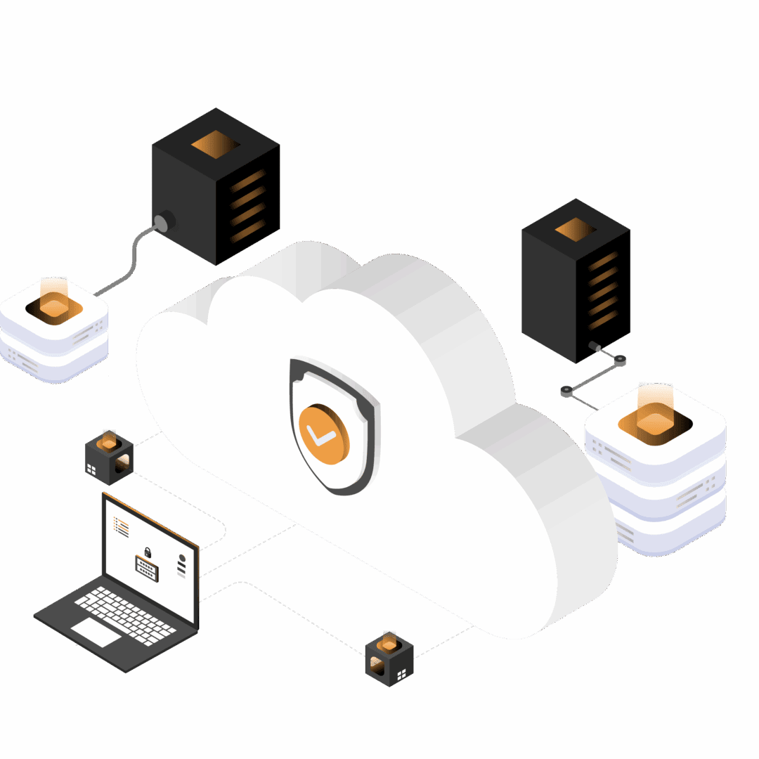 Illustration of a cloud, a laptop, and computer servers.