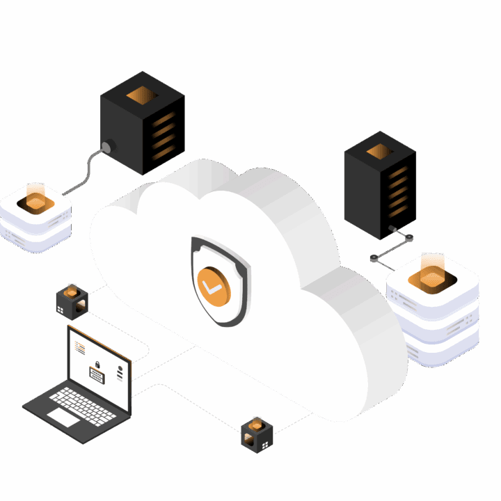 Illustration af en sky, en bærbar computer og computerservere.