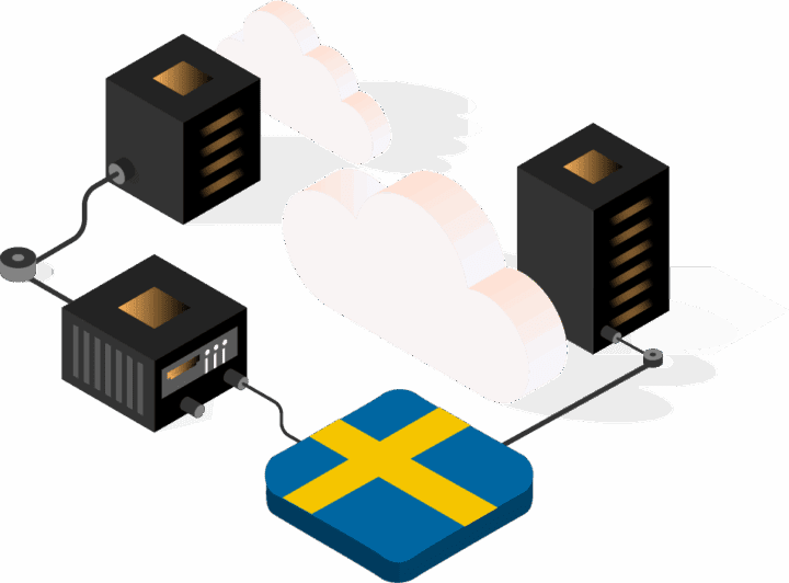 Illustration of clouds and computer servers connected with a Swedish flag