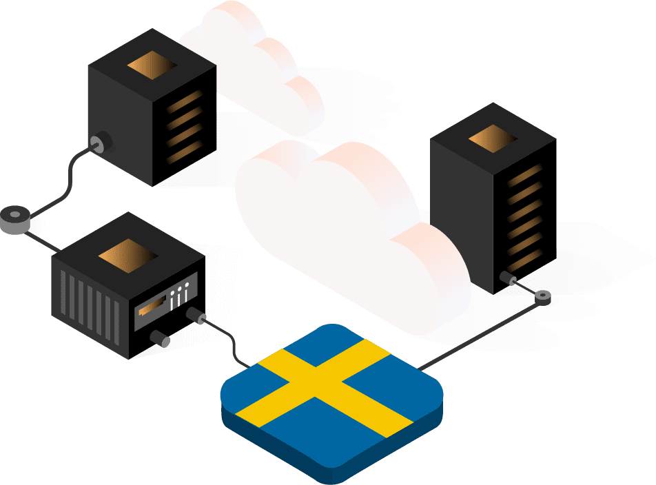 Illustration of clouds and computer servers connected with a Swedish flag