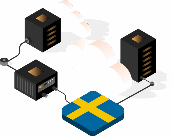 Illustration of clouds and computer servers connected with a Swedish flag