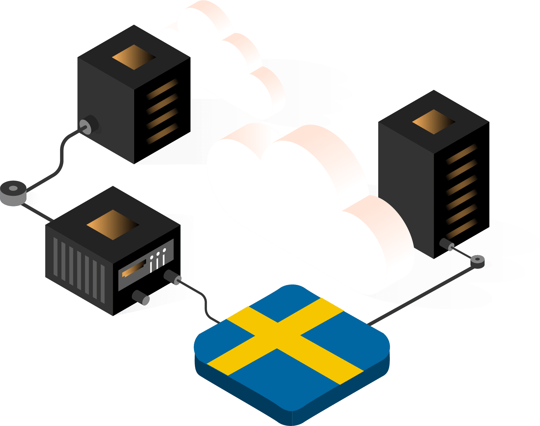Illustration of clouds and computer servers connected with a Swedish flag