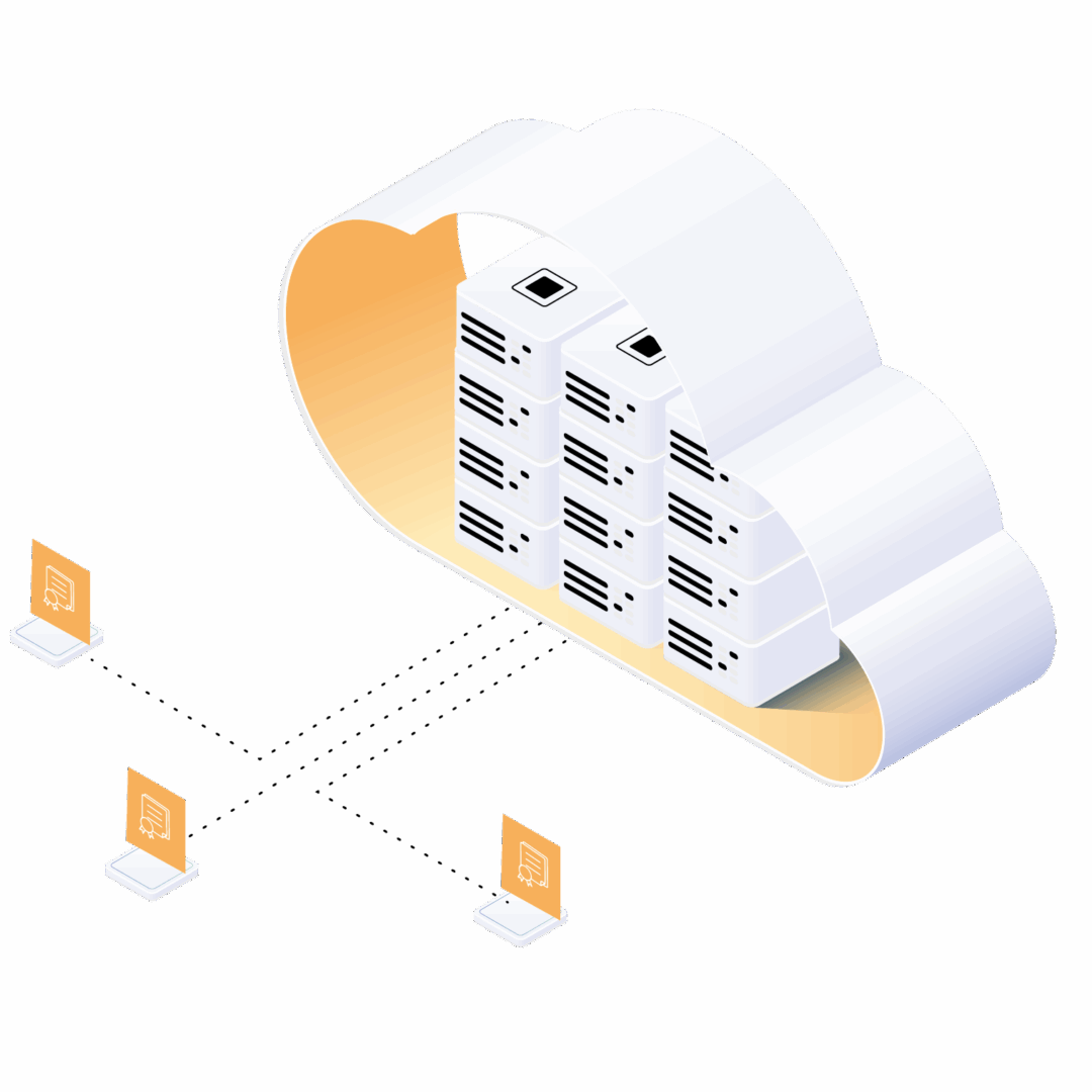 Illustration of a cloud with computer servers in.