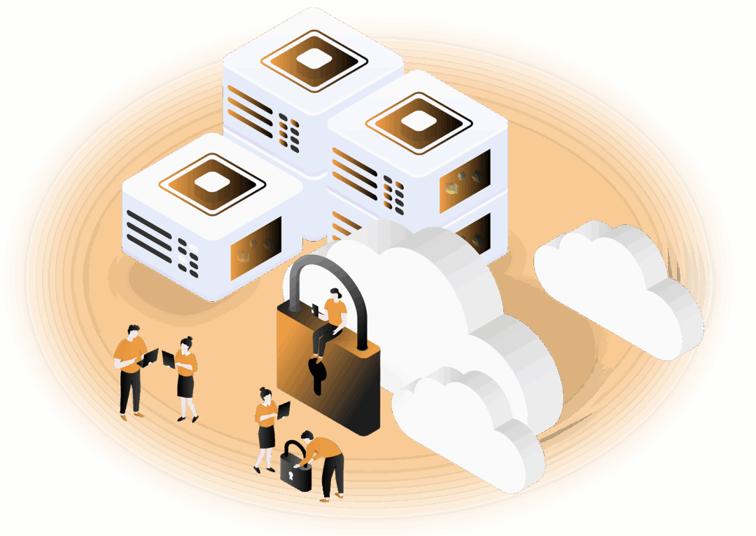 Illustration of computer servers, clouds, padlocks and people working