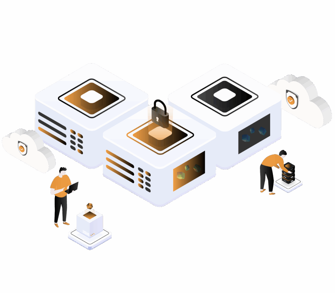 Illustration of computer servers and people working around