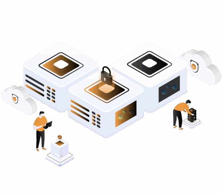 Illustration af computerservere og mennesker, der arbejder omkring dem
