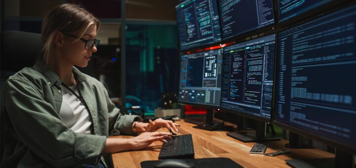 Woman working with code on multiple computer screens