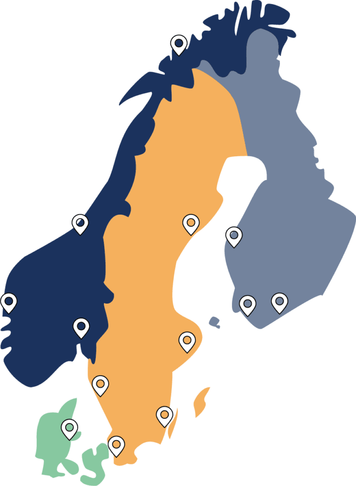 Map of Sweden, Norway, Denmark and Finland with pins marking Binero's offices.