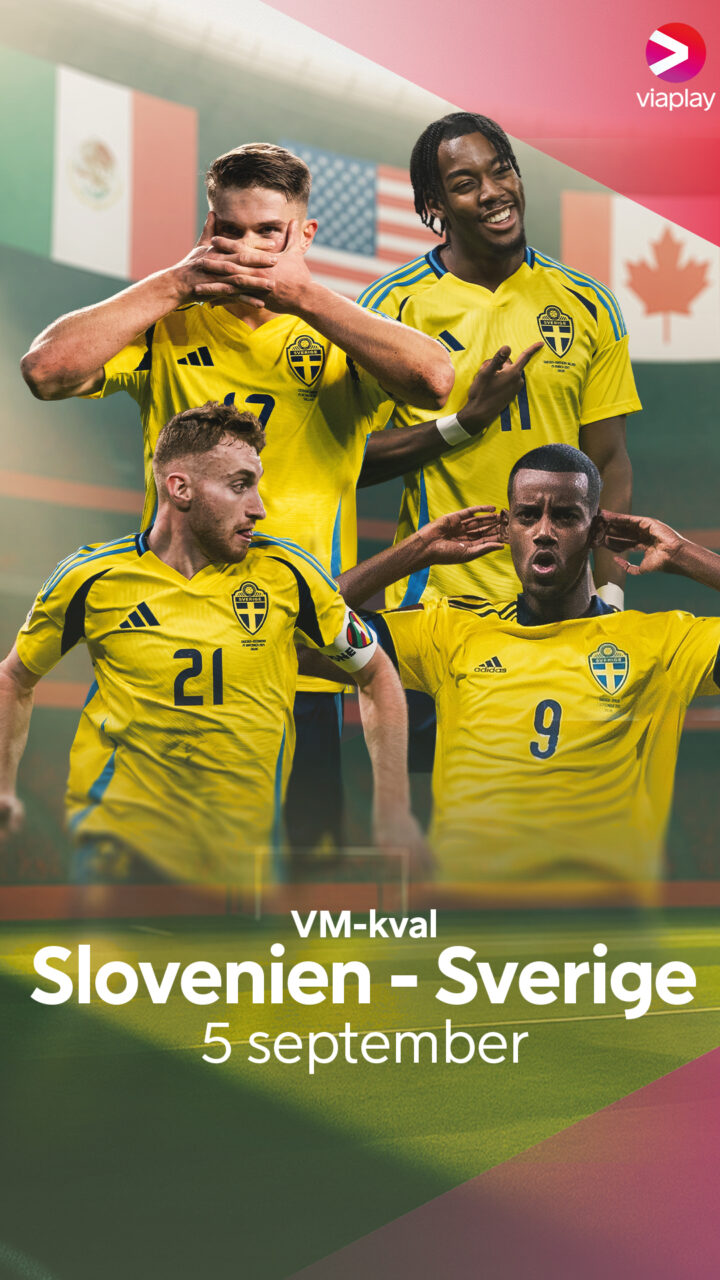 Football players wearing Sweden jerseys, Viaplay logo