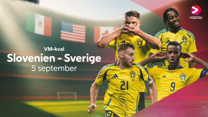 Football players wearing Sweden jerseys, Viaplay logo