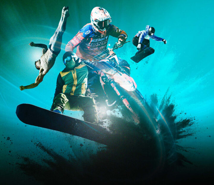 Fast-paced photomontage of various sports on a blue-green background