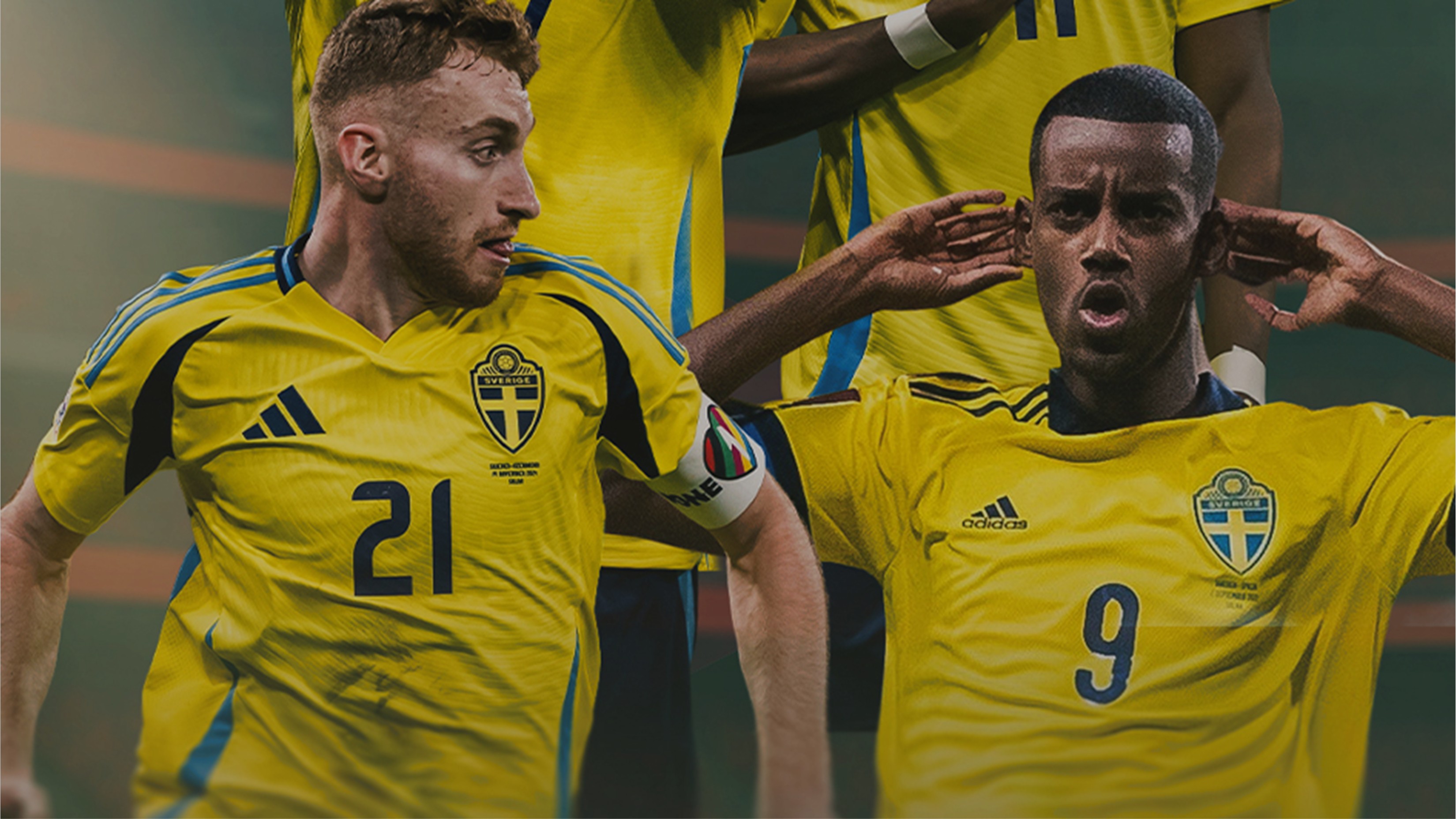 Swedish footballers in yellow national team shirts, including one celebrating with hands cupped behind his ears.