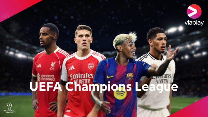 Photo montage of four football players and the Viaplay logo. Text: UEFA Champions League