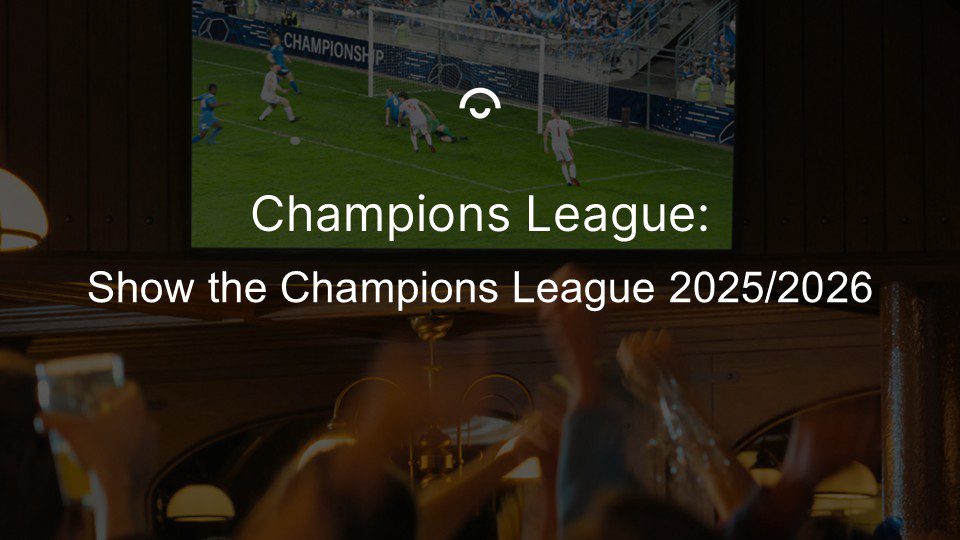 Artikkelbilde: Folk jubler under en fotballkamp på TV i en bar. Tekst: Vis Champions League 2025-2026