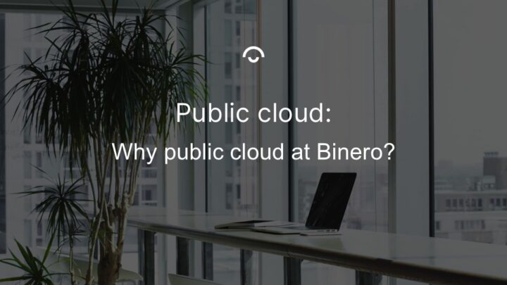 Article image: A bench by a glass wall with a large potted plant. View of clouds and rooftops. Text: Why public cloud at Binero?