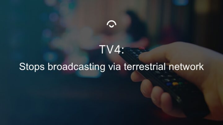 TV4 stops broadcasting via terrestrial network. A hand points a remote control at a television.