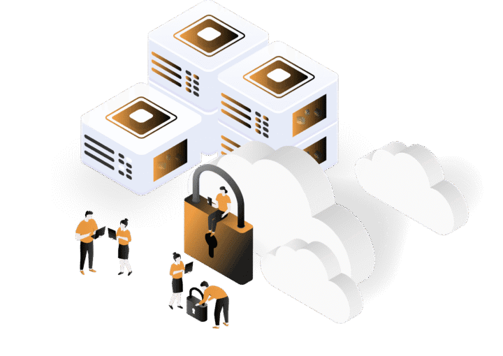 Illustration of technicians working with security in an IT environment