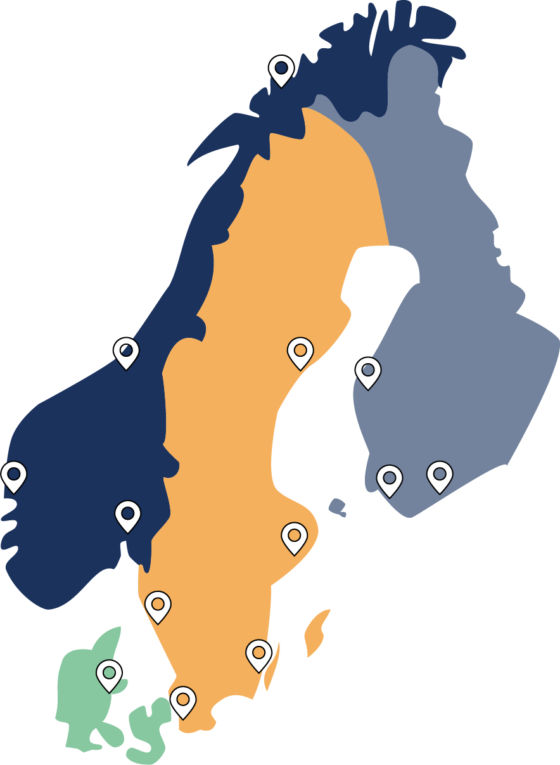 Kart over Skandinavia med markører plassert i Norge, Sverige, Finland og Danmark.