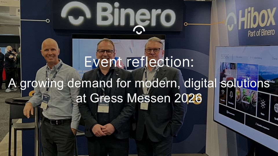 Three men at a Binero and Hibox event booth with a display, text overlay discusses digital solutions at Gress Messen 2026.