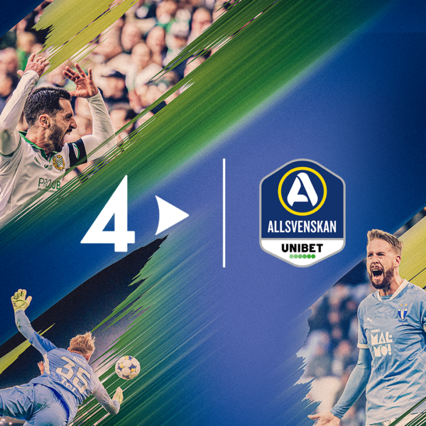 Allsvenskan Unibet football promo graphic with cheering players, TV4 logo on a dynamic background.